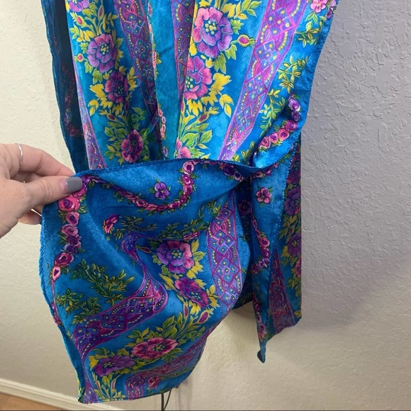 WINLAR Vintage Blue Laurel Roses Satin Long Caftan Lounge Dress - Picture 3 of 8